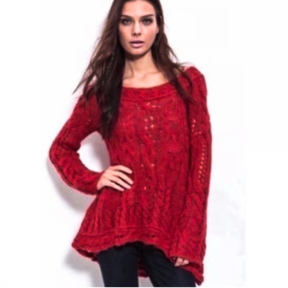 Free People Red Cable Knit Off the Shoulder Tunic Sweater - Picture 1 of 7